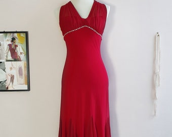 1990s Vintage Grecian Twirl Red Chiffon Halter Dress - Size 10