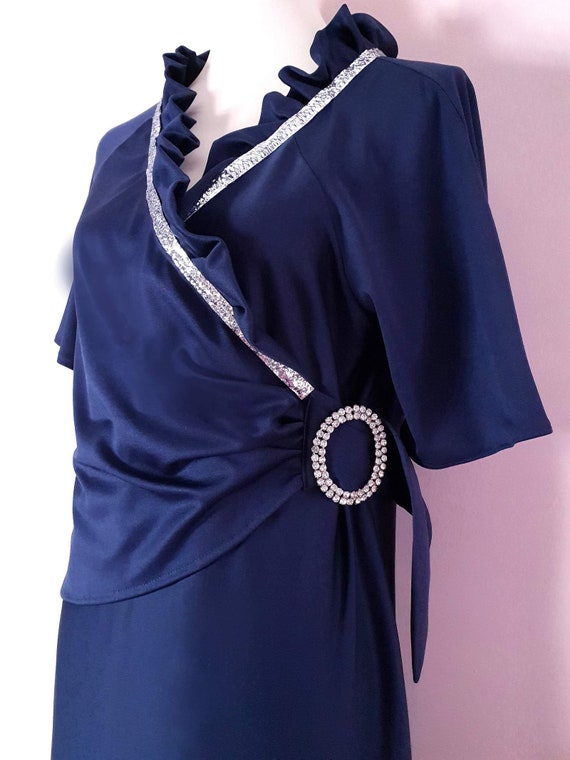 Elegant 1970s Navy Blue Vintage Evening Gown Rhin… - image 2