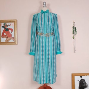 Vintage 1970s Turquoise Striped Dress Retro Midi Floral Size 12/14