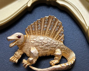 RARE Vintage Goldtone Dinosaur with Clear Rhinestone Brooch Pin