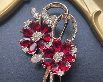 Nolan Miller Signed Red Ruby Flowers Clear Rhinestone Brooch Pin