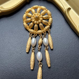 Vintage Tona Signed Brushed Gold Tone Faux Pearl Dangling Brooch Pin, Designer Piece