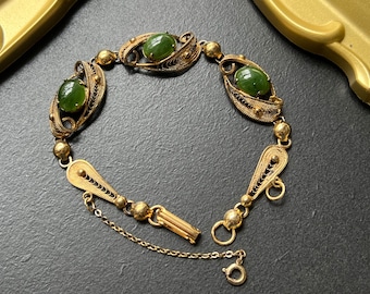 Vintage Signed Sorrento Sterling Gold Tone Filigree Link Bracelet with Real Jade Cabocho 7”Long