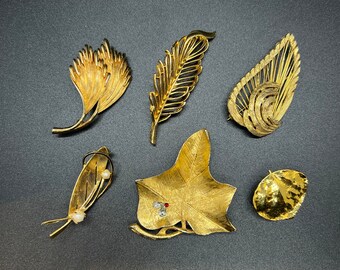 Vintage 6 Pieces Goldtone Leaf Brooch Pin Lot~Signed Alan.J/Gerrys