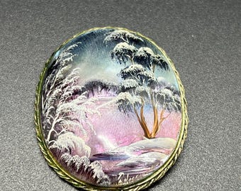 Beautiful Vintage Hand Painted Monther Of Pearl Landscape Brooch Pin, Russian Lacquer