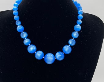 Vintage Blue Moonglow Lucite Pearlized Bead Necklace Hidden Clasp