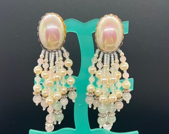 Vintage Pearlized Bead Huge Dangle Clip-on Earrings