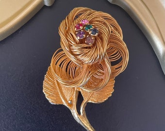 Vintage Direction One Signed Gold Tone Wound Wire Flower Pin Brooch with Rhinestone Center