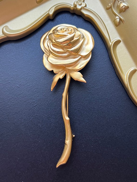 Gorgeous Vintage Signed GIVENCHY Long Stem Gold Tone Rose Flower  