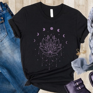 Lotus Shirt, Lotus Mandala Shirt, Moon Phase Shirt, Yoga Clothes, Zen Meditation, Floral Shirt, Women, Graphic Shirt, Yoga Shirt, Boho Shirt