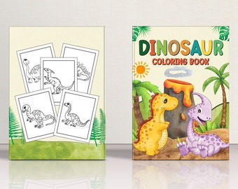 May include: A coloring book with the title "Dinosaur Coloring Book" featuring a yellow dinosaur and a purple dinosaur next to a volcano. The cover also includes a sun and palm trees.