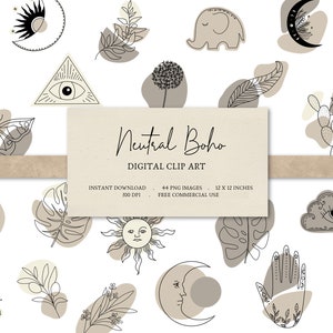 Boho elementen, neutrale Boho clipart, Boho vormen bundel, monochrome clipart, digitale stickers, Boho iconen, commercieel gebruik clipart