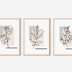 Boho Abstract Wall Art, Impresiones de pared neutras, Impresiones de pared botánicas, Conjunto de 3 impresiones, Arte de línea botánica, Decoración del hogar beige, Plantas dibujadas a mano