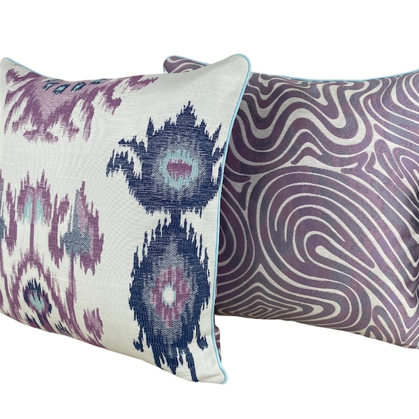 Duralee Designer Fabrics 16”x16” Throw Pillow Cover - Eclectic Ikat Abstract - Aqua Blue Lavender Plum Colors - Accent Pillow