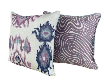 Duralee Designer Fabrics 16”x16” Throw Pillow Cover - Eclectic Ikat Abstract - Aqua Blue Lavender Plum Colors - Accent Pillow