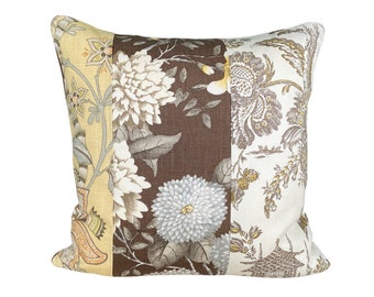 20” x 20” Pindler Designer Fabrics Pillow Cover -Yellow Sepia Brown, Asian Chinoiserie, Pagoda Peonies Chrysanthemum, Soil & Stain Resistant