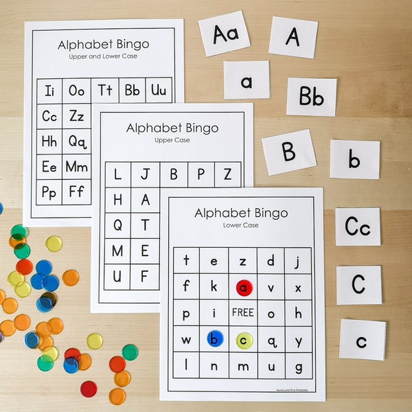 Alphabet Bingo Pack (60 Total) Majuscules, minuscules, combinés, 25 et 10 cartes carrées