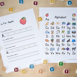 May include: A printable worksheet for learning the alphabet. The worksheet features a red apple with a green stem and leaf. The letter A is written in uppercase and lowercase with lines for tracing and printing. The alphabet is displayed with a picture for each letter.