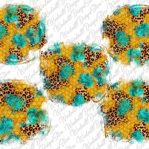 Może przedstawiać: Pięć abstrakcyjnych kół z wzorem plastra miodu i nadrukiem lamparta w odcieniach żółtego, pomarańczowego, brązowego i turkusowego na białym tle.