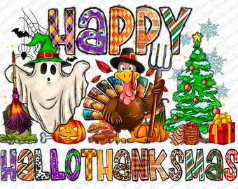Könnte beinhalten: Ein farbenfrohes Grafikdesign mit den Worten "HAPPY HALLOTHANKSMAS" im Patchwork-Stil. Das Design zeigt ein Gespenst, einen Truthahn und einen Weihnachtsbaum.