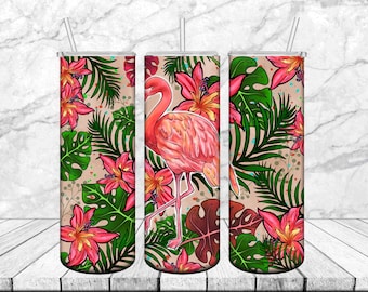 Flamingos 20 oz Skinny Tumbler Sublimation Pastel Flamingo and Leopard Print Tumbler Wrap Design For Straight Tumbler, PNG File, Digital