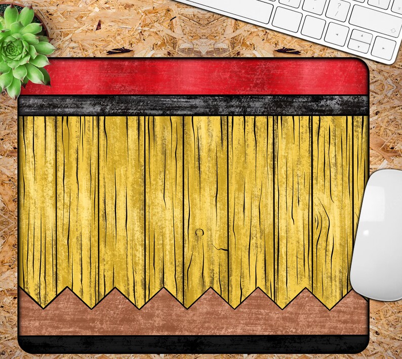 May include: A yellow and brown pencil-shaped mousepad with a red and black top edge. The mousepad has a wood grain texture.