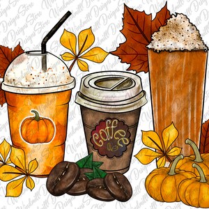 May include: A digital illustration of two fall-themed drinks, one with whipped cream and the other with a coffee label, surrounded by autumn leaves and pumpkins.