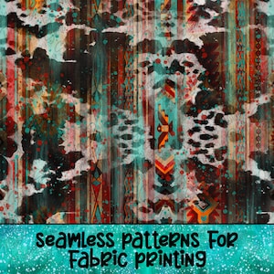 May include: Seamless pattern featuring a colorful abstract design with geometric shapes, stripes, and splattered paint. The pattern is in shades of red, orange, yellow, blue, green, and brown. The text "Seamless patterns For Fabric printing" is at the bottom of the image.
