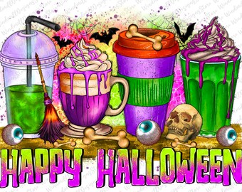 Happy Halloween coffee cups png sublimation design download, spooky season png, trick or treat png, sublimate designs download