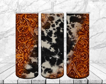 Tooled Leather Cowhide Tumbler Design,20oz Skinny Tumbler Design, Western Cowhide Tumbler, Tooled Leather Tumbler Png, Instant Download