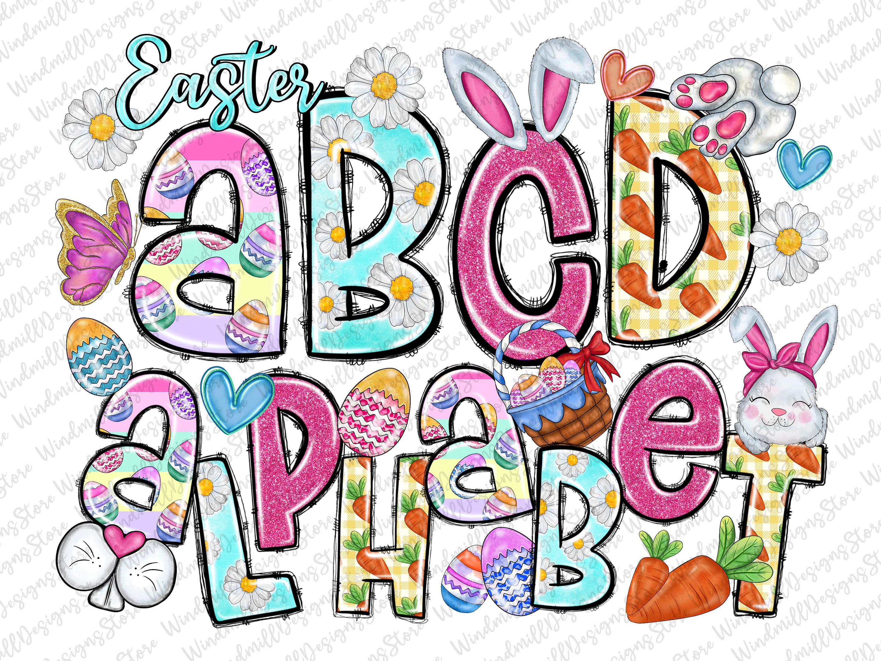 Easter Doodle Alphabet Bundle, Easter PNG Letters, Sublimation Design, Easter Day Png, Bunny Alphabet, Easter Font, Bunny,Digital Download
