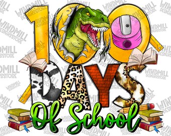 100 days of school png, Rex png, Digital download, 100 days Dinosaur png,sublimate designs,100 Days Brighter,Rainbow Png,Dinosaur,Rex School