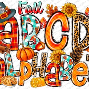 May include: Fall alphabet letters in various autumnal patterns. The letters are A, B, C, and D. The letters are decorated with plaid, leopard print, sunflowers, and fall leaves. The letters are surrounded by fall-themed elements like pumpkins, cinnamon sticks, and acorns.