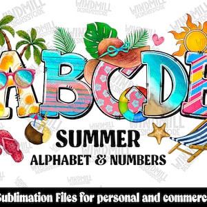 Alfabeto de verano con doodle, letras PNG de verano, diseño de sublimación, PNG de verano, alfabeto de verano, fuente de verano, playa, descarga digital