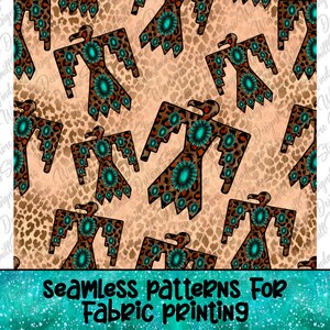 May include: Seamless pattern featuring a brown and turquoise Native American inspired eagle design on a leopard print background. The text "Seamless patterns For Fabric printing" is at the bottom of the image.