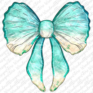 May include: A turquoise blue bow with a watercolor effect, featuring a white and light blue beach scene pattern.