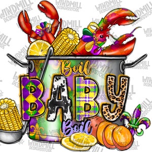Może przedstawiać: Kolorowa ilustracja garnka z gotowanym rakiem z tekstem "Boil Baby Boil" w fioletowo-zielono-złotym motywie Mardi Gras. Garnek jest wypełniony rakami, kukurydzą, ziemniakami i cytrynami.