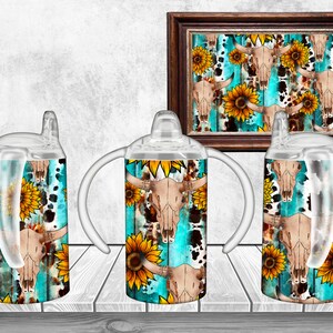 Bull Skull Straight Sippy Cup Sublimation Design,Digital Sublimation Cup Template,Bull Skull Kids Tumbler Design PNG,Western Sippy Cup Wrap