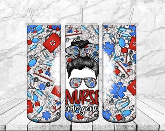 Emergency Nurse 20oz Tumbler: Messy Bun Design (PNG Digital Download)
