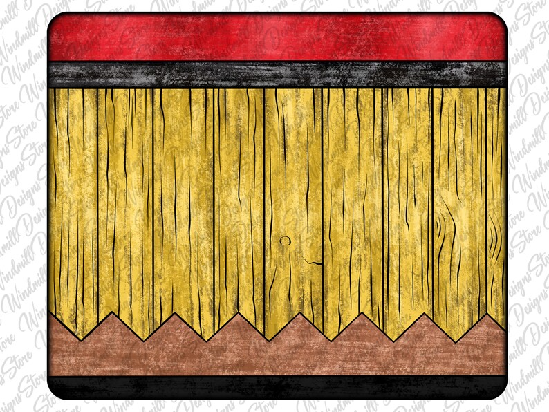 May include: A digital graphic of a yellow wooden pencil with a red eraser, black trim, and a brown and black pencil point. The background is a distressed wood texture.