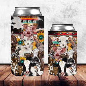 May include: Two colorful can coolers with a pattern of farm animals, including a pig, lamb, cow, and a donkey. The pattern is on a background of brown, white, and blue stripes.
