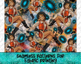 Retro Cowgirl Seamless Pattern: Western Sublimation Design (PNG)