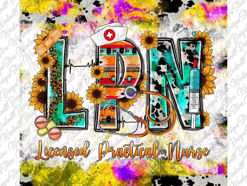 K&ouml;nnte beinhalten: Ein farbenfrohes Grafikdesign mit den Buchstaben "LPN" und medizinischen Symbolen sowie Sonnenblumen. Der Text "Gepr&uuml;fte Krankenschwester" ist ebenfalls enthalten. Das Design beinhaltet eine Krankenschwesterm&uuml;tze, ein Stethoskop und eine Spritze.