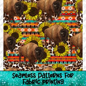 May include: Seamless pattern featuring brown bison, yellow sunflowers, and a colorful geometric design. The pattern is set against a background of brown and white leopard print.