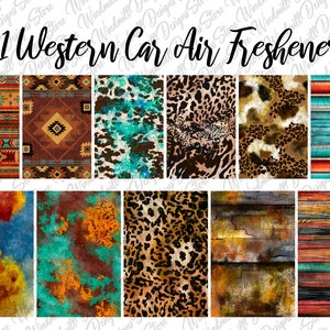 May include: Eleven Western-themed car air freshener designs. The designs include southwestern patterns, animal prints, and rustic wood textures in shades of brown, orange, turquoise, and red.