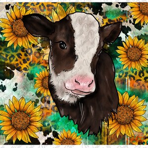 May include: A watercolor illustration of a brown and white calf with a pink nose. The calf is surrounded by yellow sunflowers with brown centers. The background is a mix of green, brown, and black.