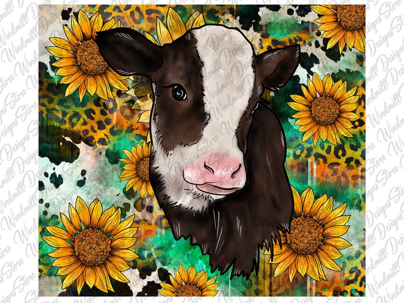 May include: A watercolor illustration of a brown and white calf with a pink nose. The calf is surrounded by yellow sunflowers with brown centers. The background is a mix of green, brown, and black.