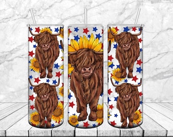 Highland Cow Tumbler Png, Sunflower Tumbler, Cow Tumbler, 20oz Skinny Tumbler Sublimation Designs PNG File, Sublimation Tumbler,Highland Cow