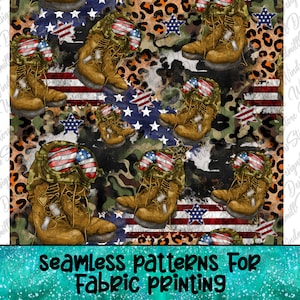 Może przedstawiać: Wzór bez szwów z motywami kamuflażu, nadrukiem lamparta i amerykańskiej flagi. Wzór zawiera również ilustracje brązowych butów z okularami ochronnymi i detalami amerykańskiej flagi.