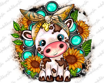 Cute cow with sunflower and leopard png sublimation design, Gemstone Turquoise, hand drawn cow png, cow png, baby cow png, Digital download